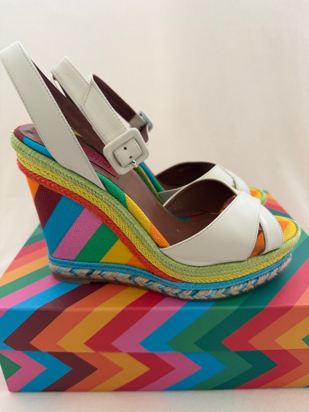 Valentino White Leather Multicolor Stripe Espadrille Wedges